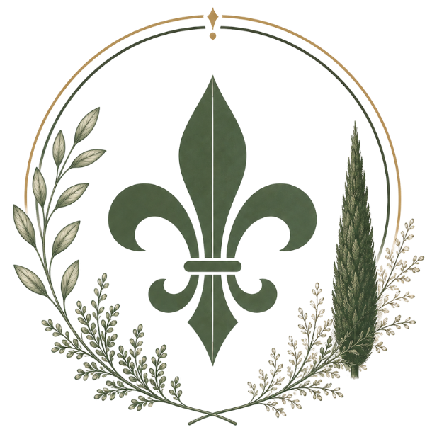 Logo minimaliste représentant une fleur de lys verte entourée d’éléments végétaux inspirés des jardins à la française, dans une esthétique élégante et patrimoniale.